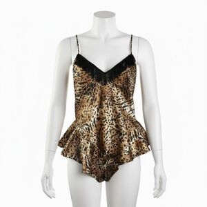 80s Fringe Leopard Satin Teddy Bodysuit Black Gold Lingerie Cami Tank Teddy